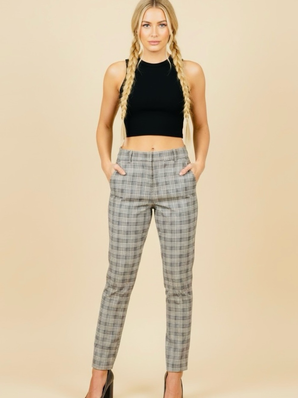 Have Grey Black Tan Plaid Skinny Ankle Pants Women Size M